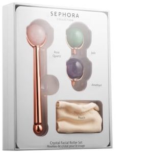Sephora facial roller set with pouch amethyst, jade, rose quartz